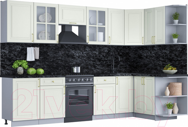 Изображение товара Кухонный гарнитур Интерлиния Мила Шато 1.5x3.1 правая (белый/белый/кастилло темный)