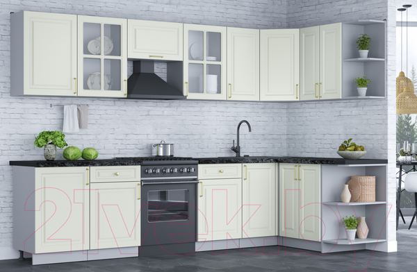 Изображение товара Кухонный гарнитур Интерлиния Мила Шато 1.5x3.1 правая (белый/белый/кастилло темный)