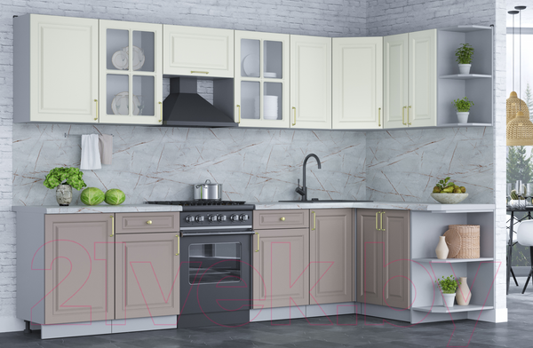 Изображение товара Кухонный гарнитур Интерлиния Мила Шато 1.5x3.1 правая (белый/луна/серый каспий)