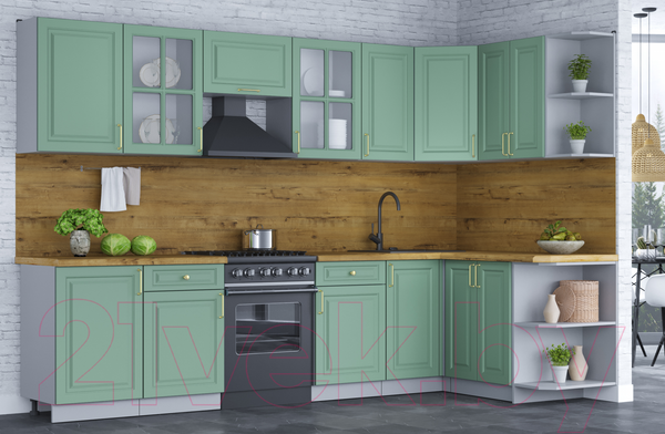 Изображение товара Кухонный гарнитур Интерлиния Мила Шато 1.5x3.1 правая (мята/мята/дуб бунратти)