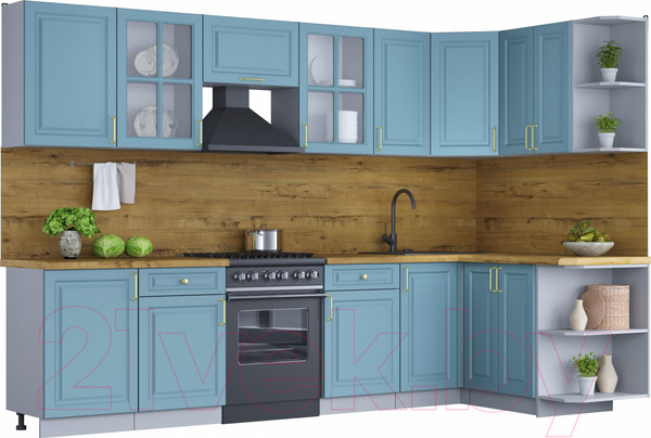 Изображение товара Кухонный гарнитур Интерлиния Мила Шато 1.5x3.1 правая (океан/океан/дуб бунратти)