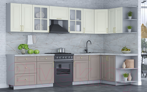 Изображение товара Кухонный гарнитур Интерлиния Мила Шато 1.5x3.2 правая (белый/луна/серый каспий)