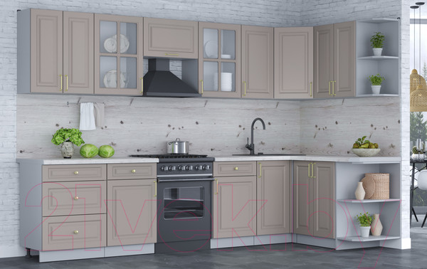 Изображение товара Кухонный гарнитур Интерлиния Мила Шато 1.5x3.2 правая (луна/луна/бискайская сосна)