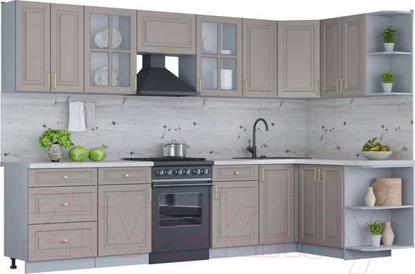 Изображение товара Кухонный гарнитур Интерлиния Мила Шато 1.5x3.2 правая (луна/луна/бискайская сосна)