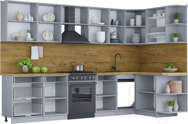 Изображение товара Кухонный гарнитур Интерлиния Мила Шато 1.5x3.2 правая (луна/луна/бискайская сосна)