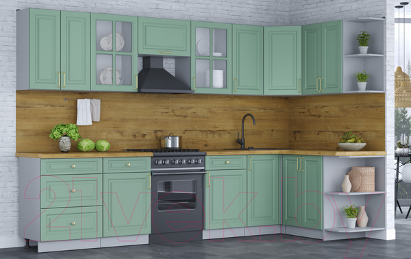 Изображение товара Кухонный гарнитур Интерлиния Мила Шато 1.5x3.2 правая (мята/мята/дуб бунратти)