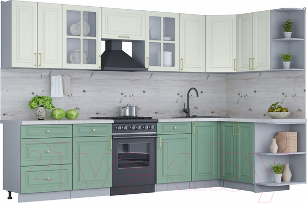 Изображение товара Кухонный гарнитур Интерлиния Мила Шато 1.5x3.2 правая (белый/мята/бискайская сосна)