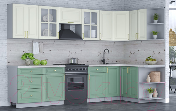 Изображение товара Кухонный гарнитур Интерлиния Мила Шато 1.5x3.2 правая (белый/мята/бискайская сосна)