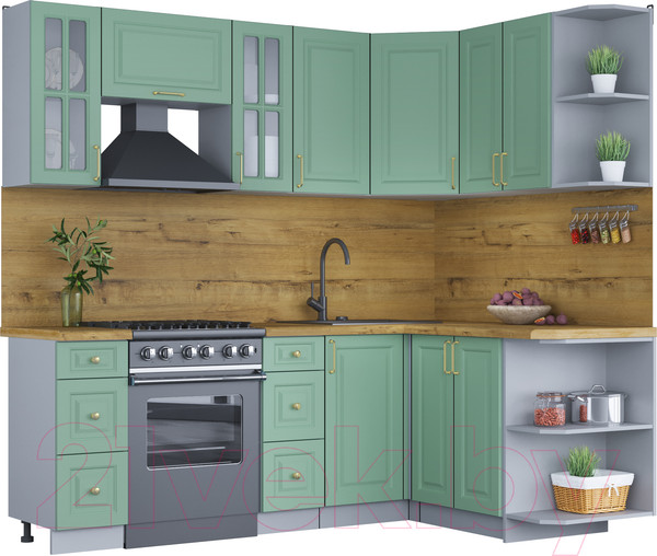 Изображение товара Кухонный гарнитур Интерлиния Мила Шато 1.5x2.2 правая (мята/мята/дуб бунратти)