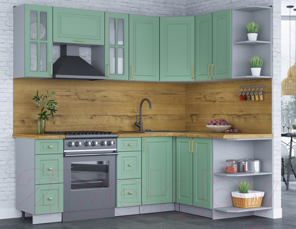 Изображение товара Кухонный гарнитур Интерлиния Мила Шато 1.5x2.2 правая (мята/мята/дуб бунратти)
