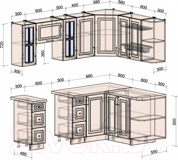 Изображение товара Кухонный гарнитур Интерлиния Мила Шато 1.5x2.2 правая (океан/океан/дуб бунратти)