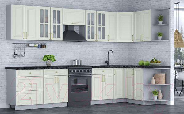 Изображение товара Кухонный гарнитур Интерлиния Мила Шато 1.5x3.3 правая (белый/белый/кастилло темный)