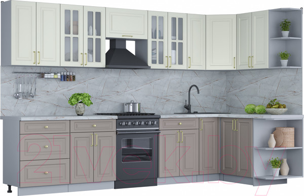 Изображение товара Кухонный гарнитур Интерлиния Мила Шато 1.5x3.3 правая (белый/луна/серый каспий)