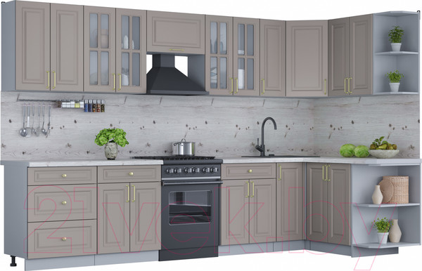 Изображение товара Кухонный гарнитур Интерлиния Мила Шато 1.5x3.3 правая (луна/луна/бискайская сосна)