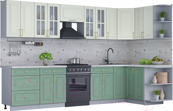 Изображение товара Кухонный гарнитур Интерлиния Мила Шато 1.5x3.3 правая (белый/мята/бискайская сосна)