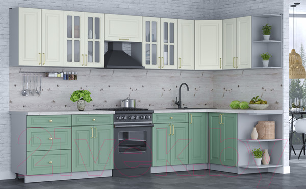 Изображение товара Кухонный гарнитур Интерлиния Мила Шато 1.5x3.3 правая (белый/мята/бискайская сосна)