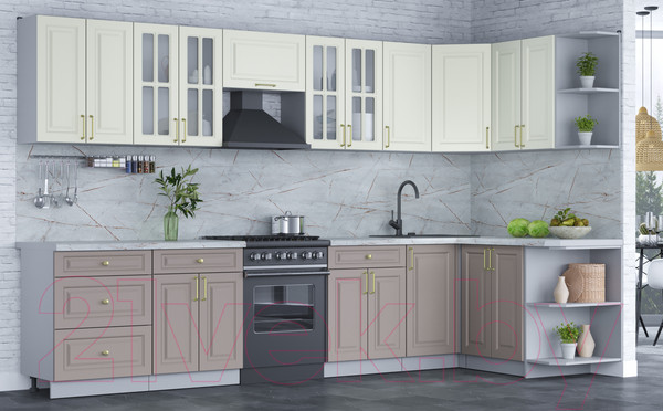 Изображение товара Кухонный гарнитур Интерлиния Мила Шато 1.5x3.4 правая (белый/луна/серый каспий)