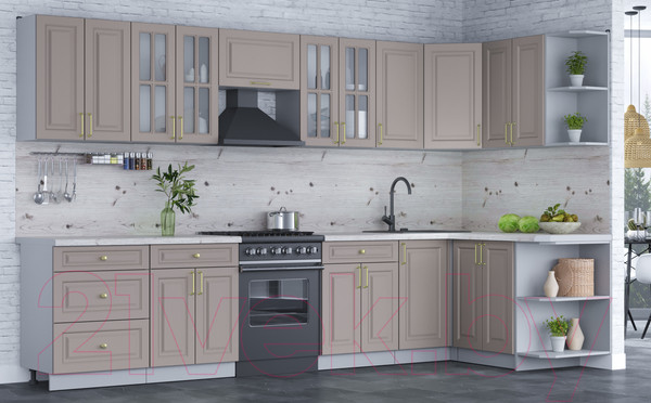 Изображение товара Кухонный гарнитур Интерлиния Мила Шато 1.5x3.4 правая (луна/луна/бискайская сосна)