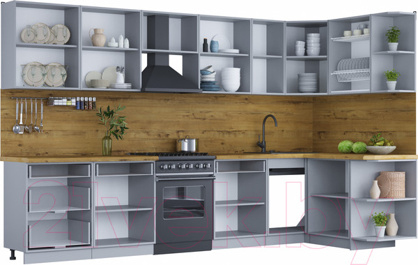 Изображение товара Кухонный гарнитур Интерлиния Мила Шато 1.5x3.4 правая (луна/луна/бискайская сосна)