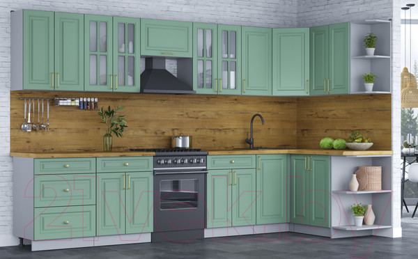 Изображение товара Кухонный гарнитур Интерлиния Мила Шато 1.5x3.4 правая (мята/мята/дуб бунратти)