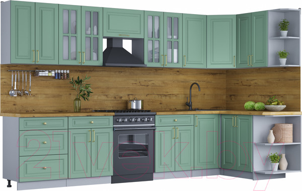 Изображение товара Кухонный гарнитур Интерлиния Мила Шато 1.5x3.4 правая (мята/мята/дуб бунратти)