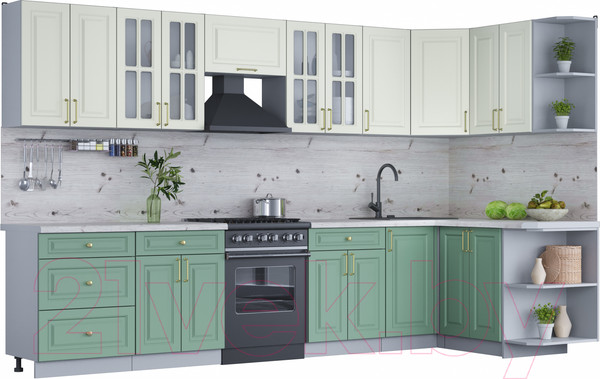 Изображение товара Кухонный гарнитур Интерлиния Мила Шато 1.5x3.4 правая (белый/мята/бискайская сосна)