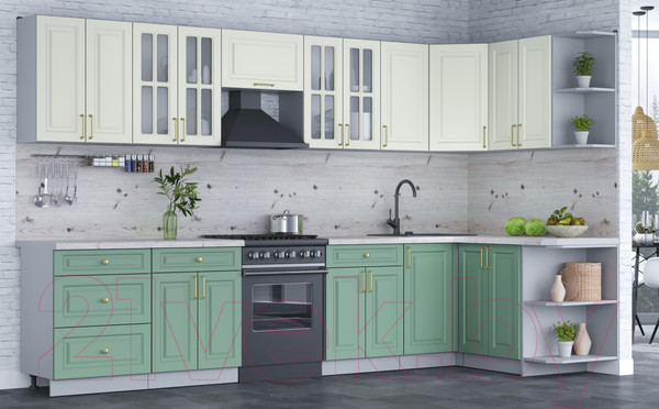 Изображение товара Кухонный гарнитур Интерлиния Мила Шато 1.5x3.4 правая (белый/мята/бискайская сосна)