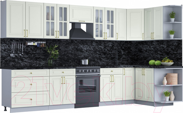 Изображение товара Кухонный гарнитур Интерлиния Мила Шато 1.5x3.5 правая (белый/белый/кастилло темный)