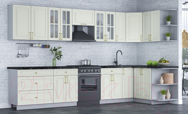 Изображение товара Кухонный гарнитур Интерлиния Мила Шато 1.5x3.5 правая (белый/белый/кастилло темный)