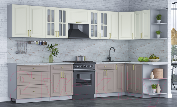 Изображение товара Кухонный гарнитур Интерлиния Мила Шато 1.5x3.5 правая (белый/луна/серый каспий)