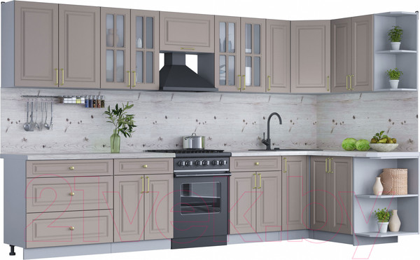 Изображение товара Кухонный гарнитур Интерлиния Мила Шато 1.5x3.5 правая (луна/луна/бискайская сосна)