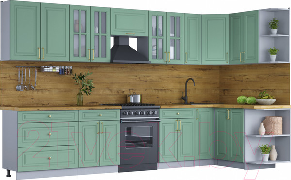 Изображение товара Кухонный гарнитур Интерлиния Мила Шато 1.5x3.5 правая (мята/мята/дуб бунратти)