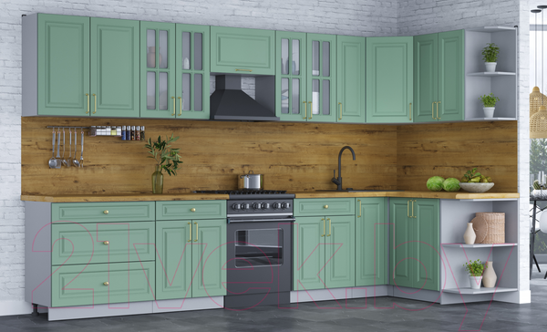 Изображение товара Кухонный гарнитур Интерлиния Мила Шато 1.5x3.5 правая (мята/мята/дуб бунратти)