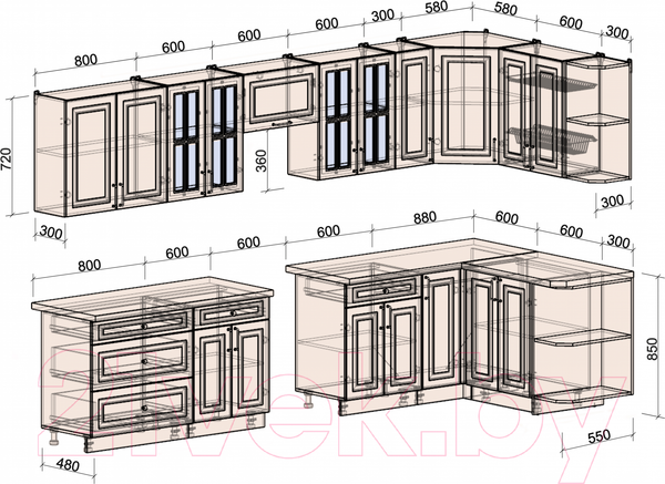 Изображение товара Кухонный гарнитур Интерлиния Мила Шато 1.5x3.5 правая (мята/мята/дуб бунратти)