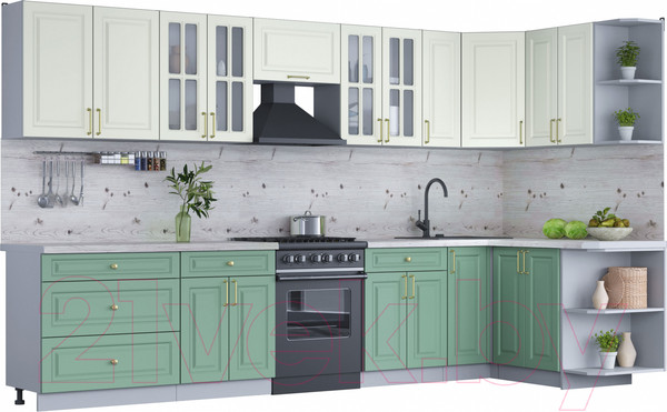 Изображение товара Кухонный гарнитур Интерлиния Мила Шато 1.5x3.5 правая (белый/мята/бискайская сосна)