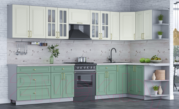 Изображение товара Кухонный гарнитур Интерлиния Мила Шато 1.5x3.5 правая (белый/мята/бискайская сосна)