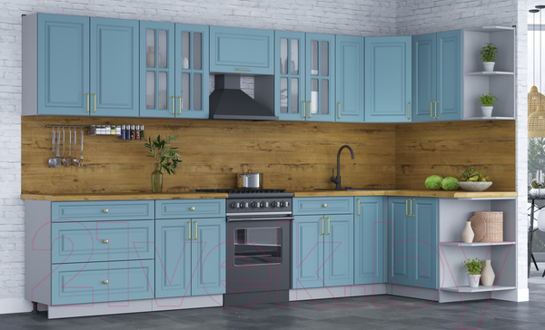 Изображение товара Кухонный гарнитур Интерлиния Мила Шато 1.5x3.5 правая (океан/океан/дуб бунратти)