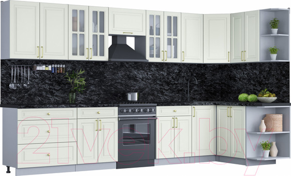 Изображение товара Кухонный гарнитур Интерлиния Мила Шато 1.5x3.6 правая (белый/белый/кастилло темный)