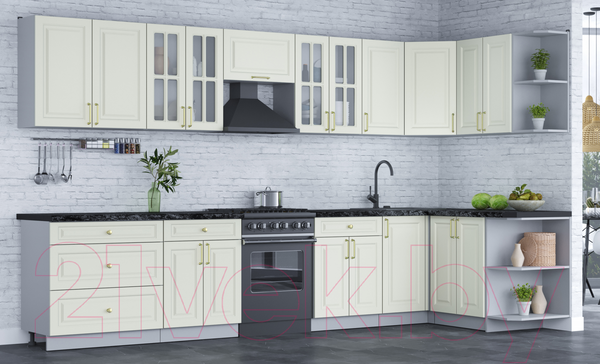 Изображение товара Кухонный гарнитур Интерлиния Мила Шато 1.5x3.6 правая (белый/белый/кастилло темный)