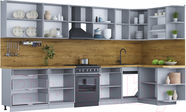 Изображение товара Кухонный гарнитур Интерлиния Мила Шато 1.5x3.6 правая (белый/луна/серый каспий)