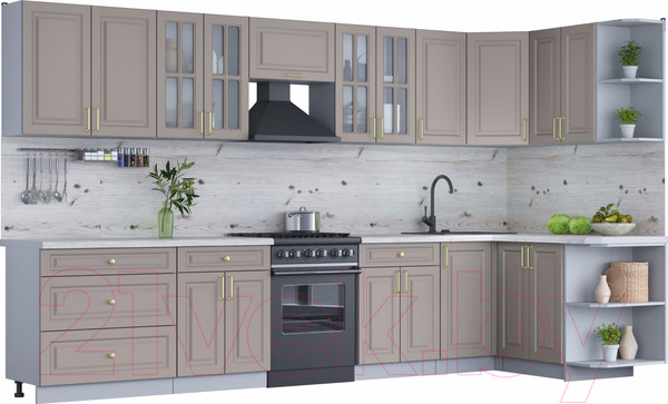 Изображение товара Кухонный гарнитур Интерлиния Мила Шато 1.5x3.6 правая (луна/луна/бискайская сосна)