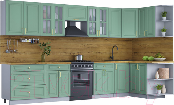 Изображение товара Кухонный гарнитур Интерлиния Мила Шато 1.5x3.6 правая (мята/мята/дуб бунратти)