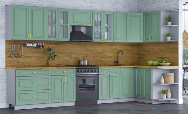 Изображение товара Кухонный гарнитур Интерлиния Мила Шато 1.5x3.6 правая (мята/мята/дуб бунратти)