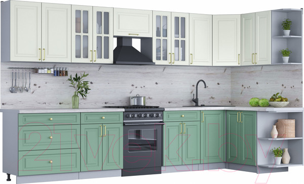 Изображение товара Кухонный гарнитур Интерлиния Мила Шато 1.5x3.6 правая (белый/мята/бискайская сосна)