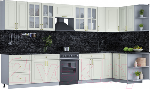 Изображение товара Кухонный гарнитур Интерлиния Мила Шато 1.5x3.7 правая (белый/белый/кастилло темный)