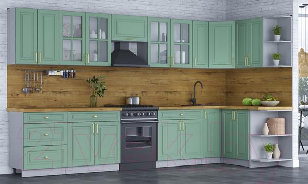 Изображение товара Кухонный гарнитур Интерлиния Мила Шато 1.5x3.7 правая (мята/мята/дуб бунратти)