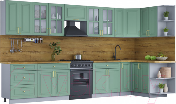 Изображение товара Кухонный гарнитур Интерлиния Мила Шато 1.5x3.7 правая (мята/мята/дуб бунратти)