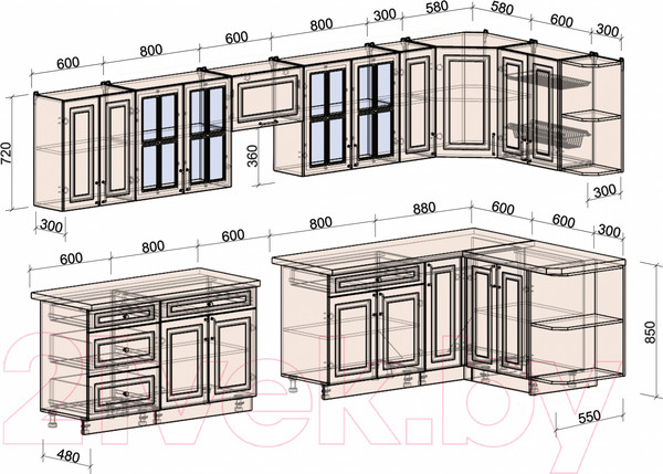 Изображение товара Кухонный гарнитур Интерлиния Мила Шато 1.5x3.7 правая (океан/океан/дуб бунратти)