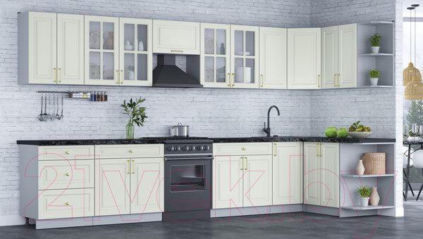 Изображение товара Кухонный гарнитур Интерлиния Мила Шато 1.5x3.8 правая (белый/белый/кастилло темный)