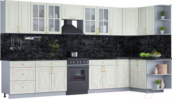 Изображение товара Кухонный гарнитур Интерлиния Мила Шато 1.5x3.8 правая (белый/белый/кастилло темный)